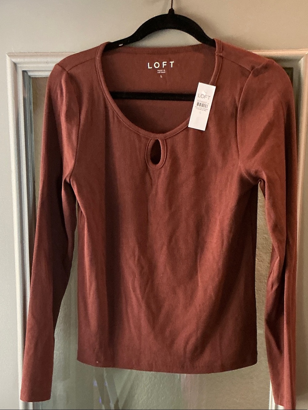 LOFT Rust Long-Sleeve Keyhole Crewneck Top